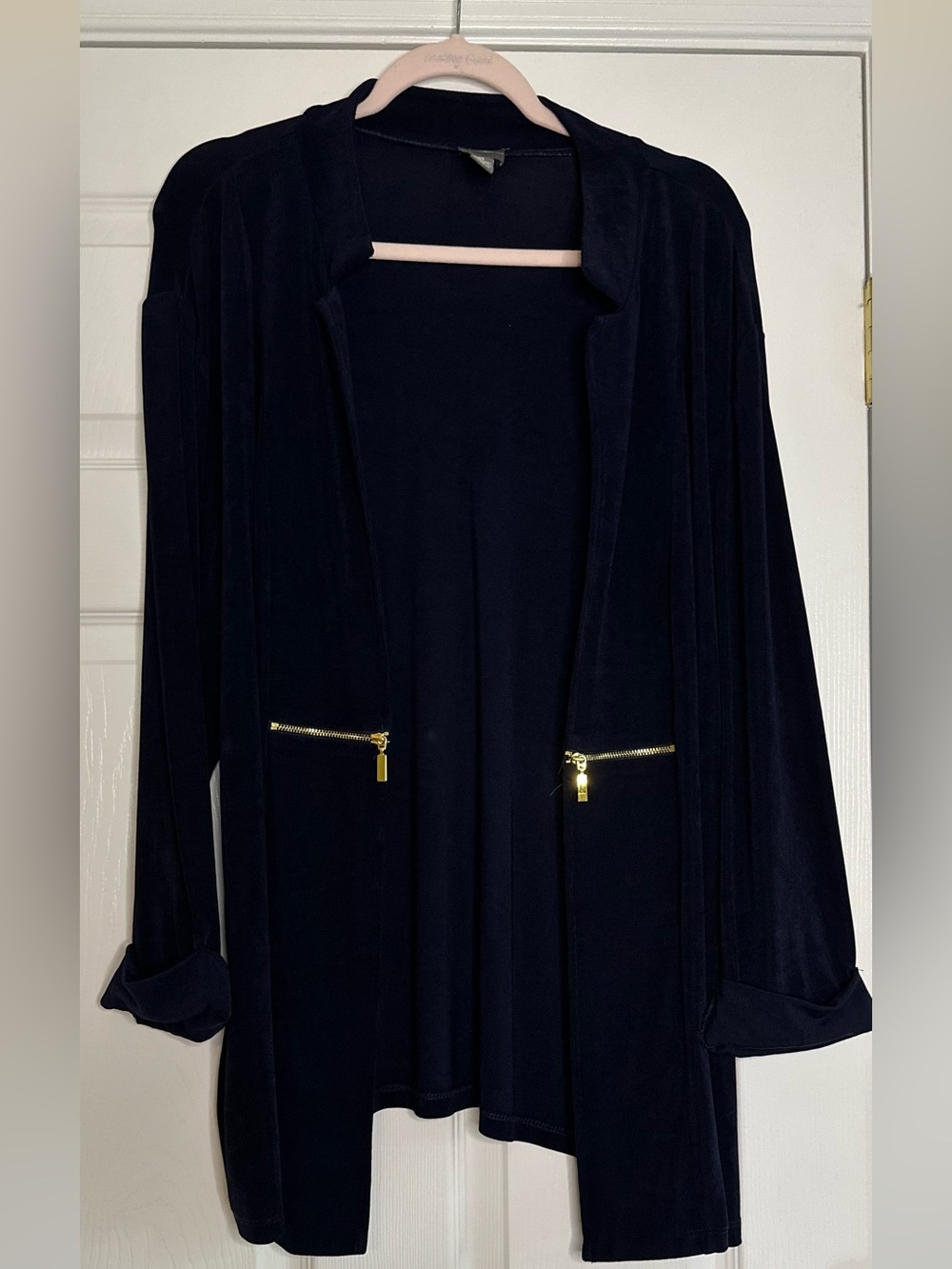 Travelers by Chico Navy Women's Open Front Blouse Jacket with Gold Zippers